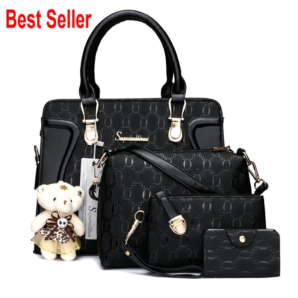 Faux Leather Tote Set with 4 Bags, Zipper Closure, Adjustable Strap